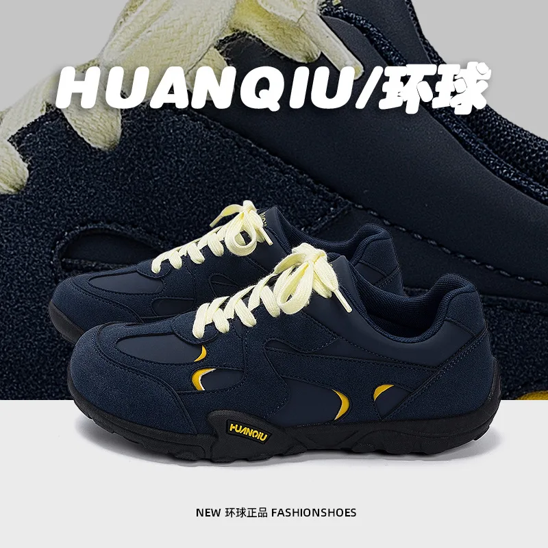 Navy Blue Retro Casual Sneakers Women Men Suede Mesh Breathable Cream Laces Fashion Comfortable Non-slip Walking Running Shoes