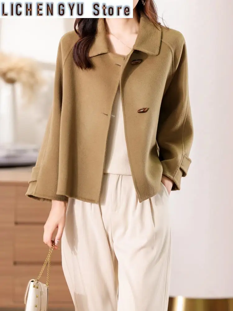 Merino Pure Wool Handmade Double-Sided Cloth Chic Coat Women's Short Oxhorn Button Heavy Coat High Street Elegant Top