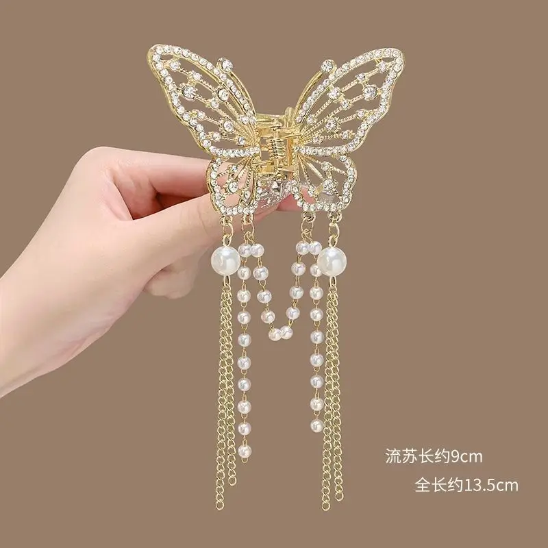 Luxury Temperament Butterfly Tassel Rhinestone Hair Clip for Women Girls New Spring Summer Hair Claw Back of The Head Clip