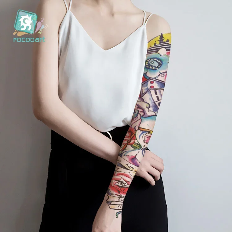 Rocooart-tatuaje de manga de brazo completo, tatuaje temporal de pierna grande, flor completa, Calavera, Ángel, rosa, arte corporal, pegatinas, 16x48cm