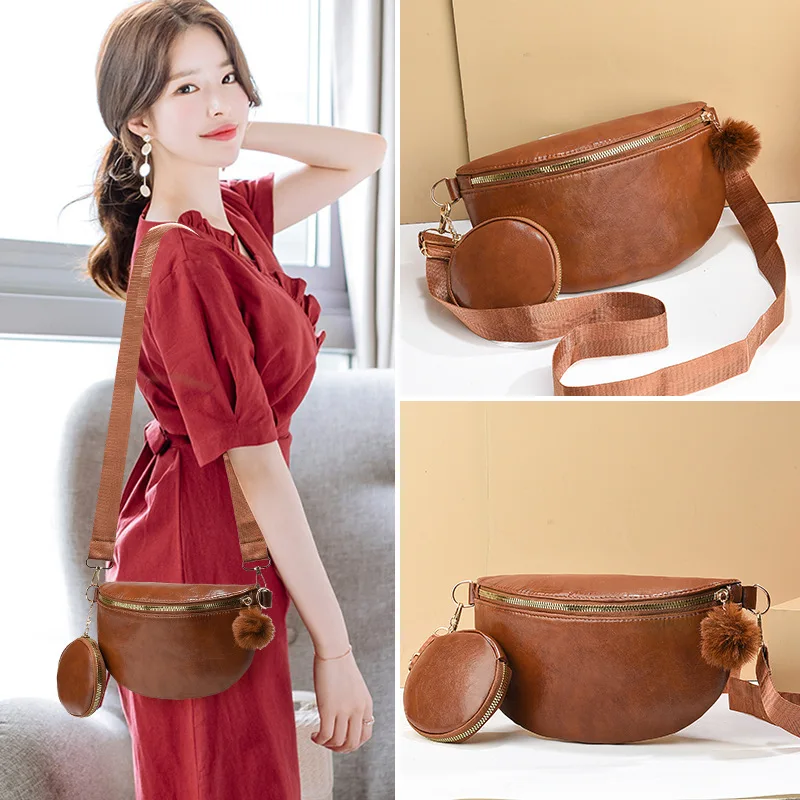 Fashion Women Leather Chest Bag Set Crossbody Sling Shoulder Bag Woman Fanny Waist Pack With Small Zipper Coin Card Holder Purse