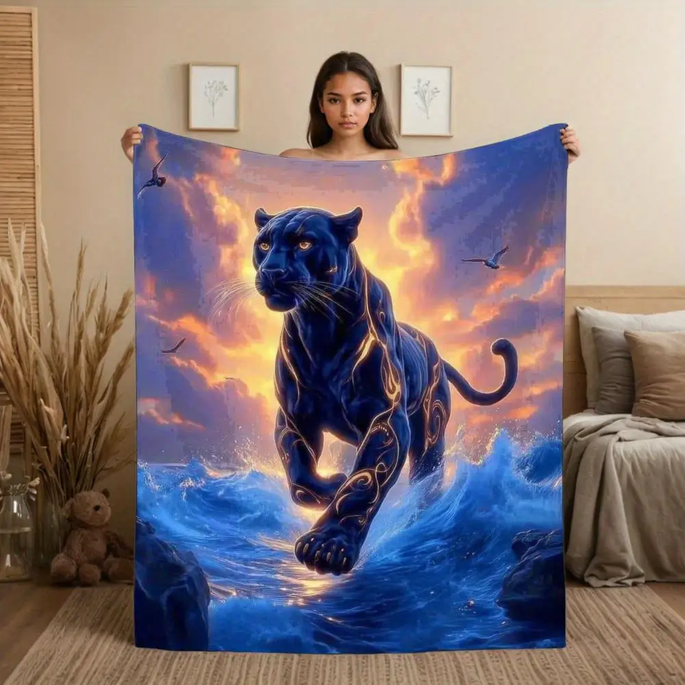Lightning black panther print design Flannel printed blanket suitable for all seasons suitable for living office sofa and travel