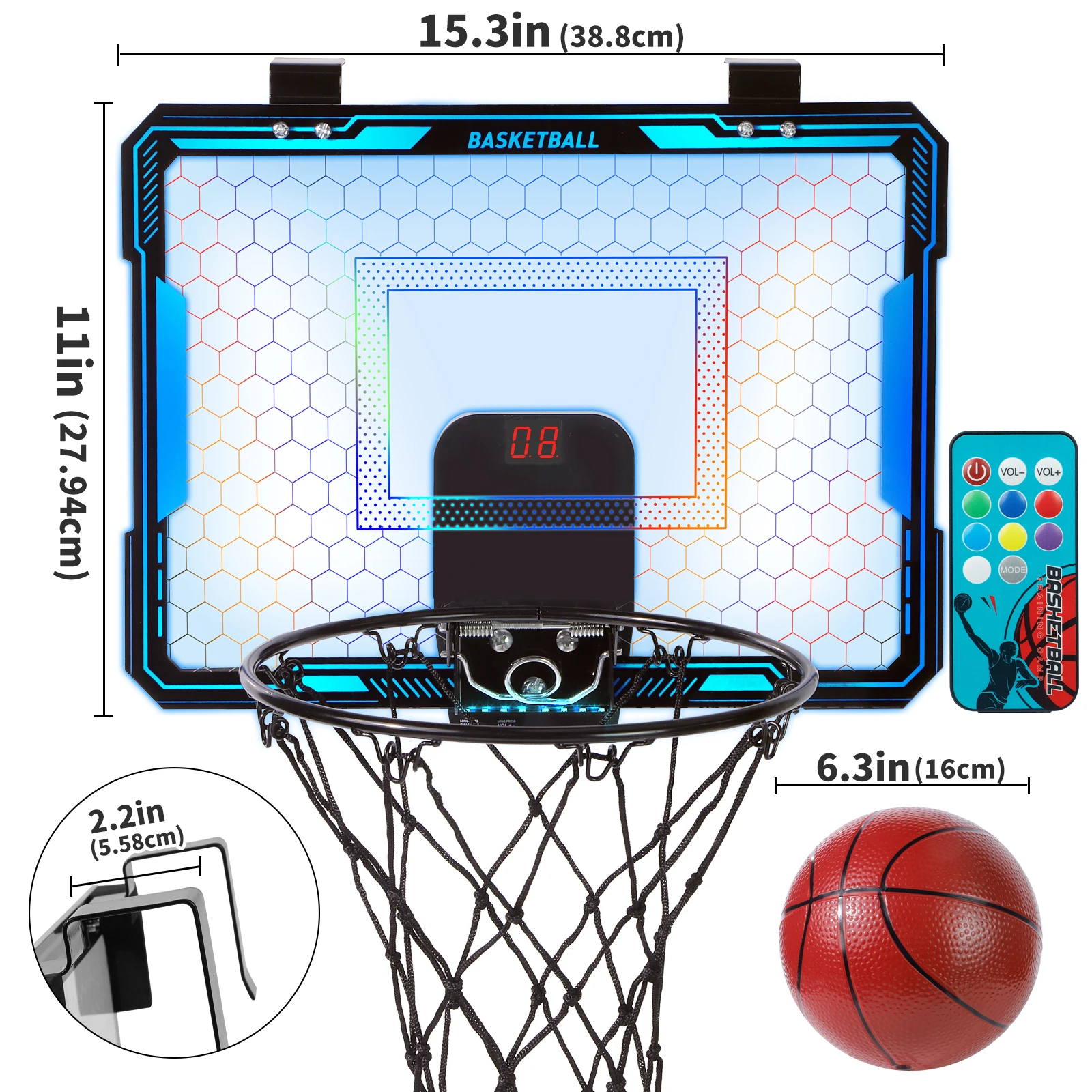 Indoor Over-the-Door Basketball Hoop with Scoreboard,Color-Changing Light-Up Backboard,for Kids and Adults,Halloween/Christmas