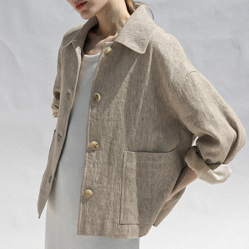 Vintage Cotton Linen Blazer Woman Casual Long Sleeve Button Up Elegant Jacket Autumn Coats Outerwear Casacos