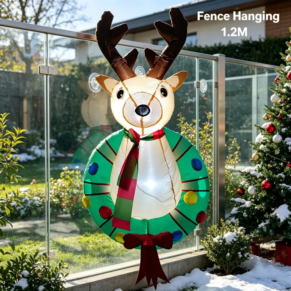 1.2M Christmas Inflatable Reindeer Wreath With LED Light for Window Glass Indoor Outdoor Holiday Party Xmas Home Yard Ornament