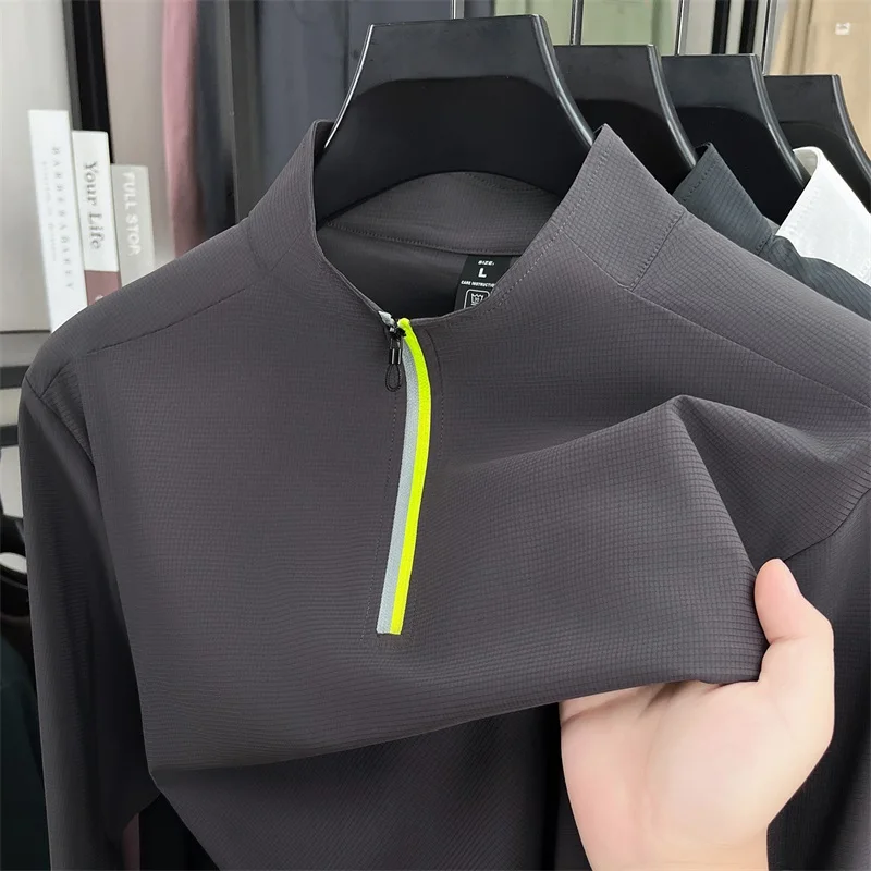 

Light luxury men long sleeve T-shirt spring autumn fashion personality design half zipper stand up collar casual sport pullover