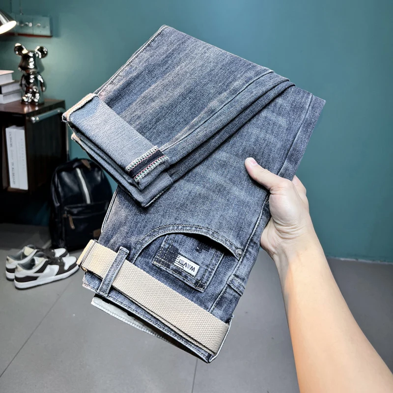 Fashion Recommendation Ins Trendy Jeans Men's Slim Fit Feet Spring and Summer Thin Light Blue Cropped Pants Men