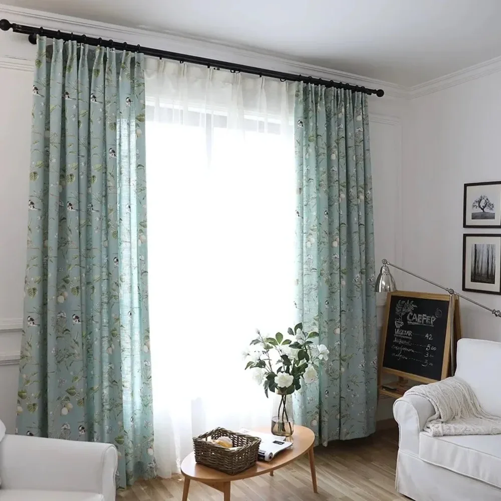 Premium Custom American Retro Bird and Flower Semi Blackout Curtains for Living Room Bedroom with Blue Green Drapes Tulle