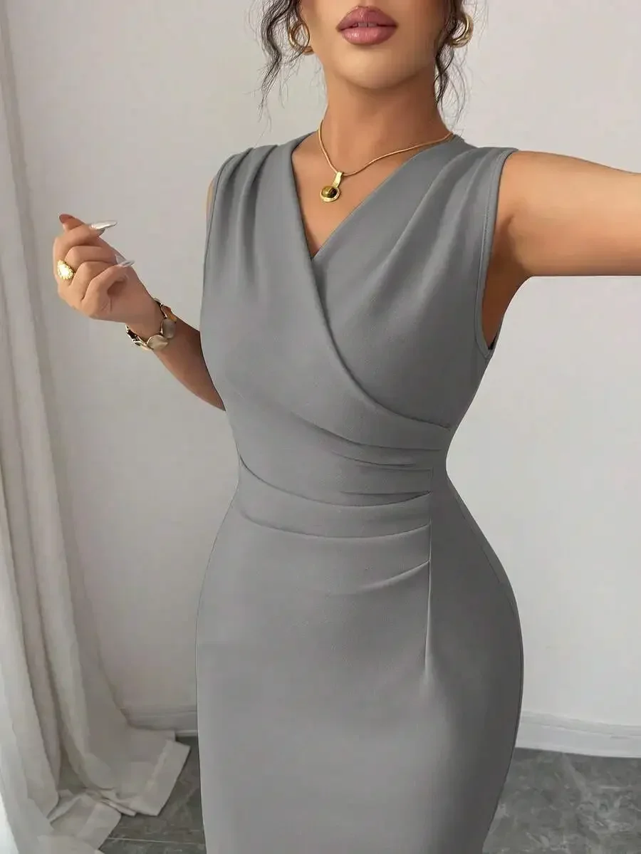 

Elegant Sleeveless V-Neck Waist Gathered Bodycon Solid Gray Dress For Women