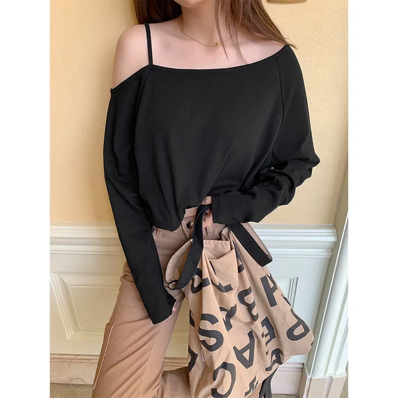 

Slant Shoulder Sexy Irregular Off Shoulder Hot Girl Long Sleeve T-shirt Women's Early Autumn New Loose Black Versatile Top