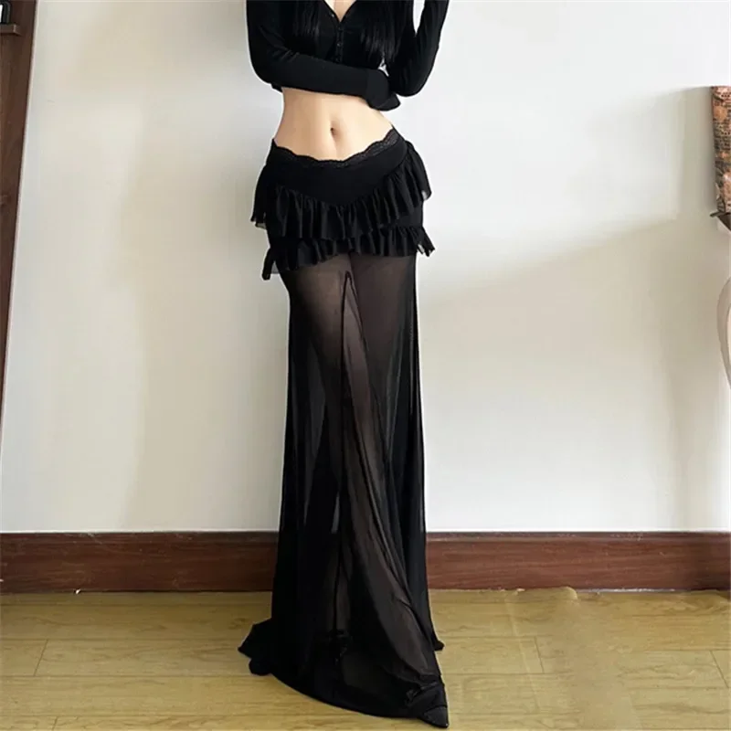 2025 New Vintage Dark Hotsweet Mesh Patchwork See Through Long Skirt Women Y2K Ruffles Package Hip Skirts Mall Gothic Streetwear