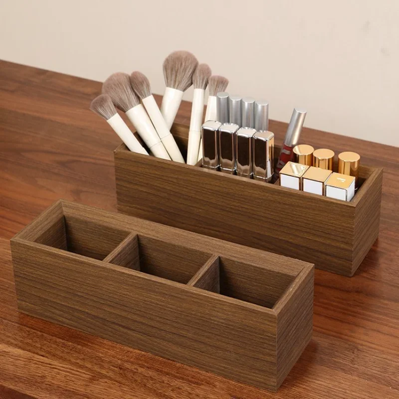 Three-grid brush holder, makeup brush storage, light luxury wooden finishing, remote control