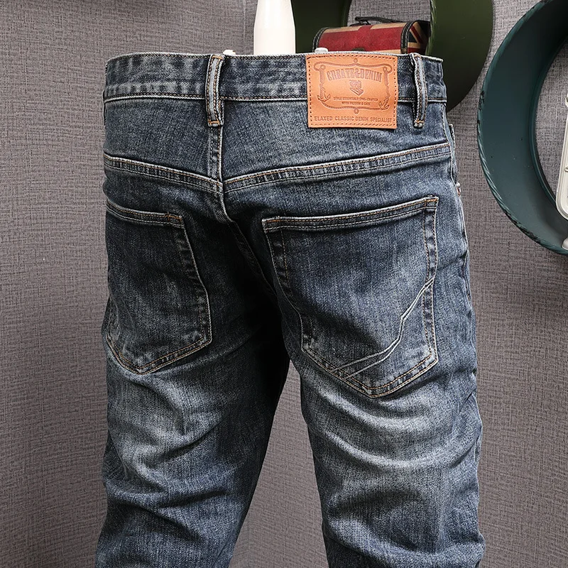 جينز ريترو لخريف 2025 للرجال، مرن، كاجوال، تنحيف، عصري، أنبوب مستقيم صغير، سروال ماركة عصري