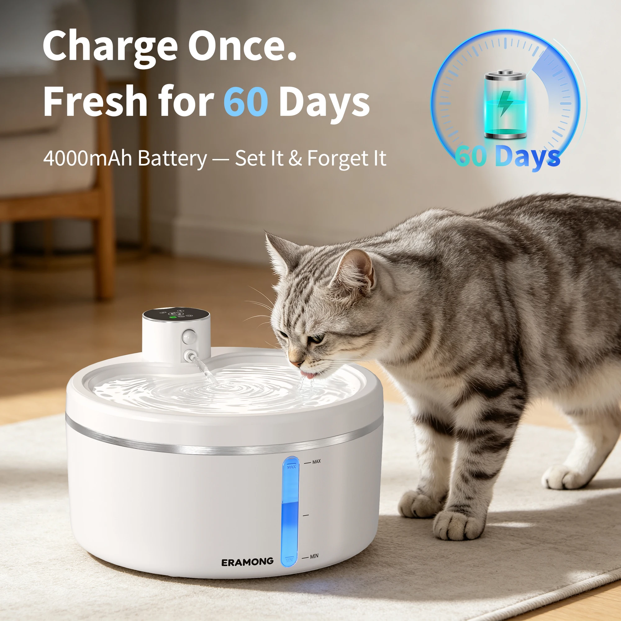 84.54oz 4000mAh Intelligent Wireless Cat Water Fountain, Automatic Motion Sensor Cordless Pet Water Bowl, Suitable for Indoor and Outdoor Use, Long-Lasting Battery Pet Water Fountain, Includes 2 Free Replacement Filters (12-Pack Filters Sold Separately)