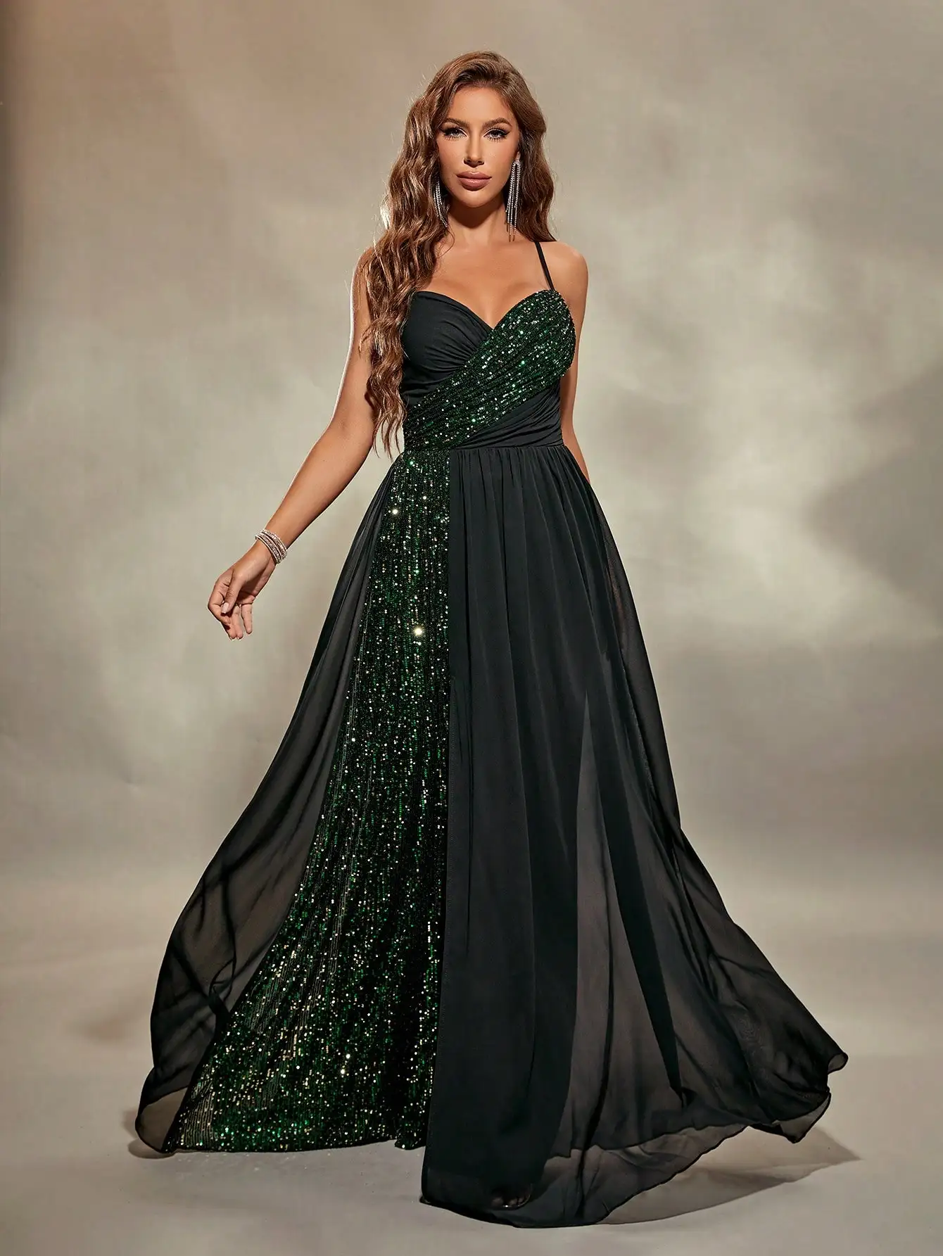 Mgiacy Sweetheart collar skinny strap chest pleat chiffon splicing sequin slit A full skirt Evening gown Ball dress Party dress