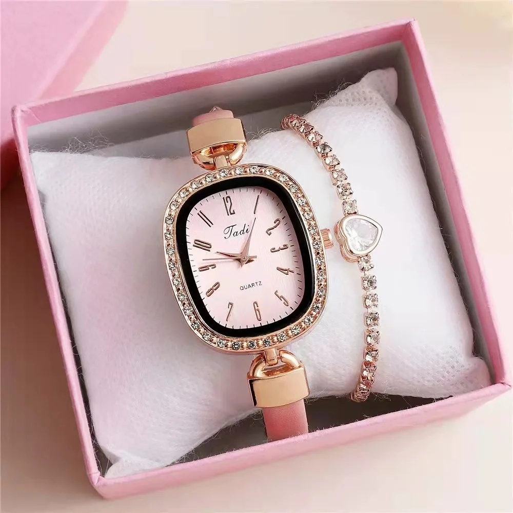 Montre à quartz avec bracelet cœur de pêche pour femme, ensemble de diamants, montre-bracelet, visage numérique, boîte-cadeau pour femme, ceinture, nouveau, 2 pièces