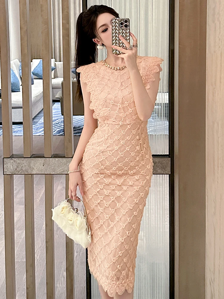 Women's Exquisite Chic Prom Dress for Woman Pretty Cute Mesh Rose Flowers Diamonds Bodycon Robe Female Date Party Vestidos Mujer