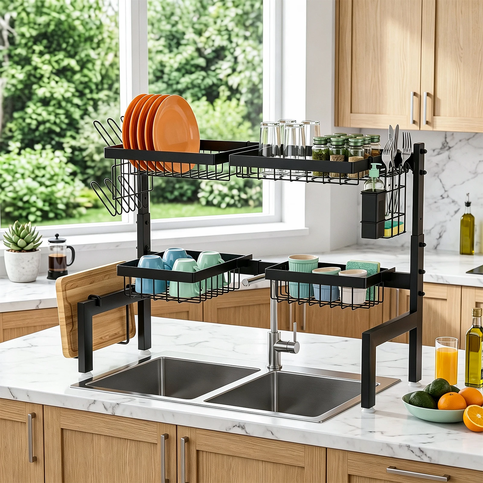 Grande scolapiatti da cucina con ventose, scolapiatti in acciaio al carbonio a scomparsa, organizer da posizionare sopra il lavello per piatti, ciotole, frutta e utensili.