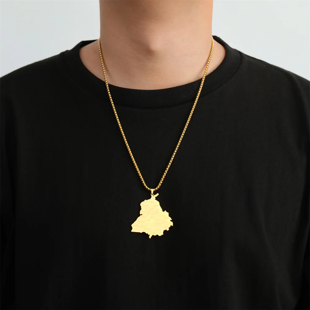 EUEAVAN India Punjab State Map Pendant Necklace for Man Stainless Steel Box Chain Geography Country Necklaces Ethnic Jewelry