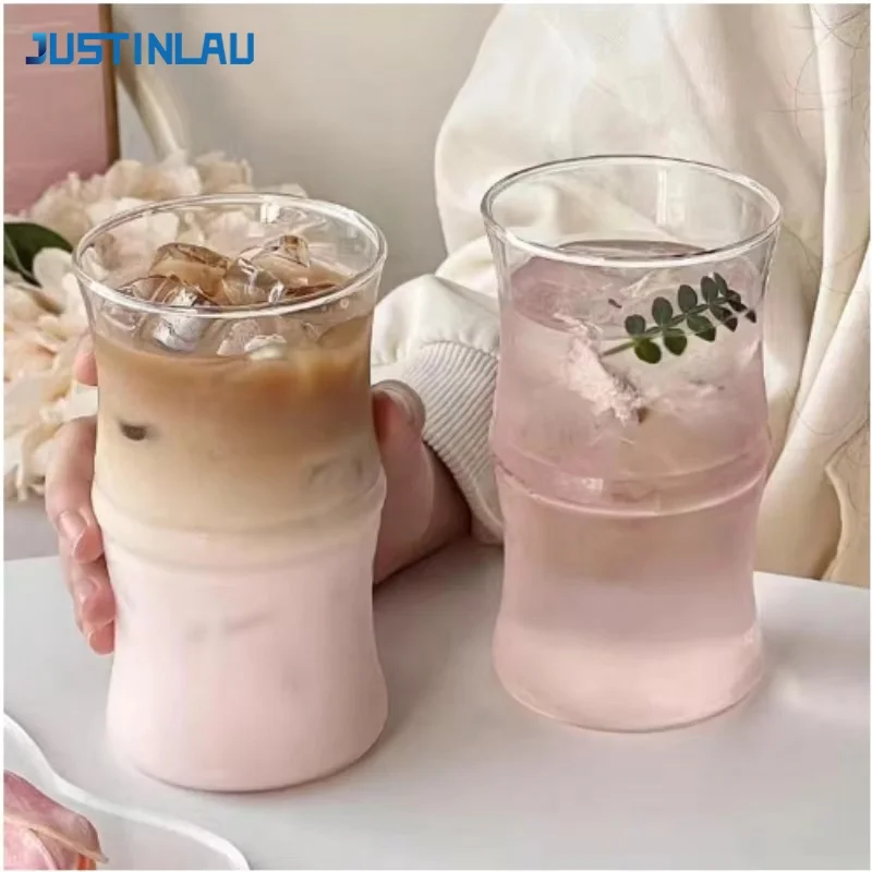 JUSTINLAU 400ML Bambus-Knoten-Glasbecher, transparente Tasse, hitzebeständige Teetasse, Sommer-Fruchtsaft-Milch-Wasser-Becher, Trinkbecher