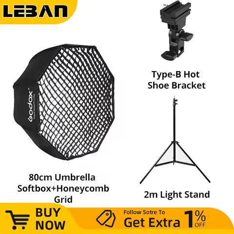 Godox Portable 80cm / 32" Octagon Umbrella Softbox with Light Stand,Honeycomb Grid,Hot Shoe Holder Bracket for Flash Speedlight