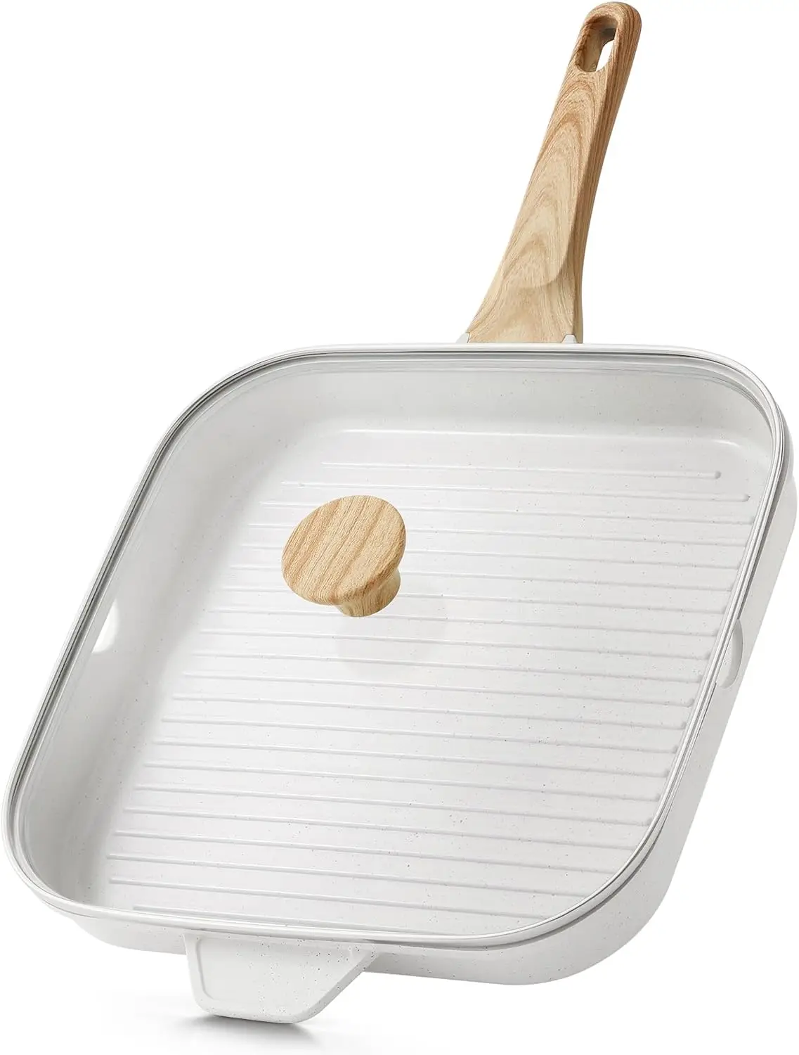 Square Ceramic Nonstick Grill Pan with Lid, Durable Grill Skillet for Stove Tops and All Stoves, Pour Spouts, Steak and Bacon Pan, PTFE, PFAS, PFOA Free, Non Toxic