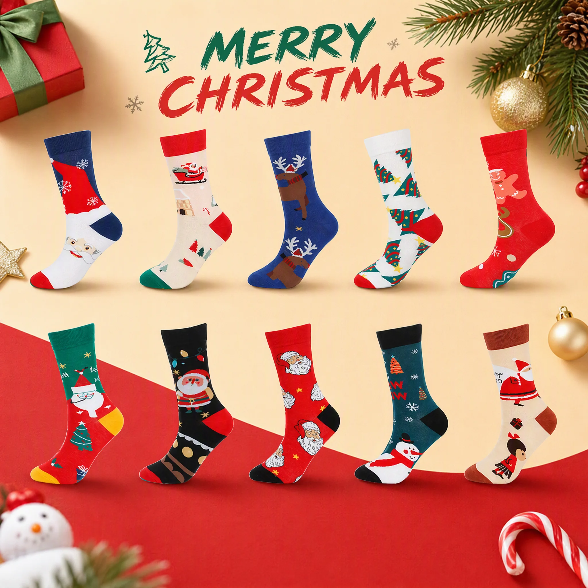 Cross Border Christmas Socks Autumn Winter Style Santa Claus Mid Calf Socks Snowflake Sled Socks