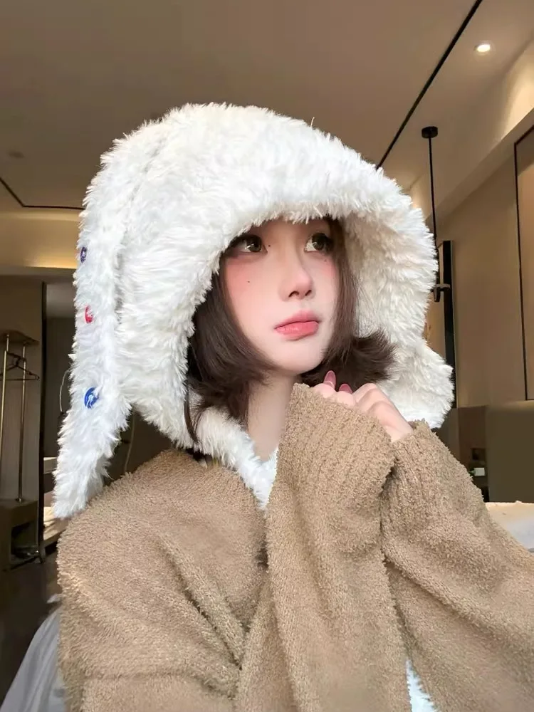 厚みのあるボタン付きうさぎ耳プラッシュハット-可愛い女性用冬用暖かい折りたたみ式丸型トップノーブリムキャップ-若者向けカジュアル秋冬帽子