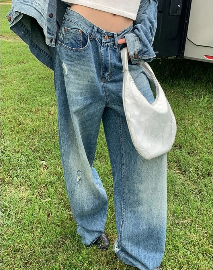 

Hole Jeans Wide Leg Pants Women Floor Length Vintage Trousers Mid Waist Washed Distressed Pockets Loose Denim 2025 Streetwear