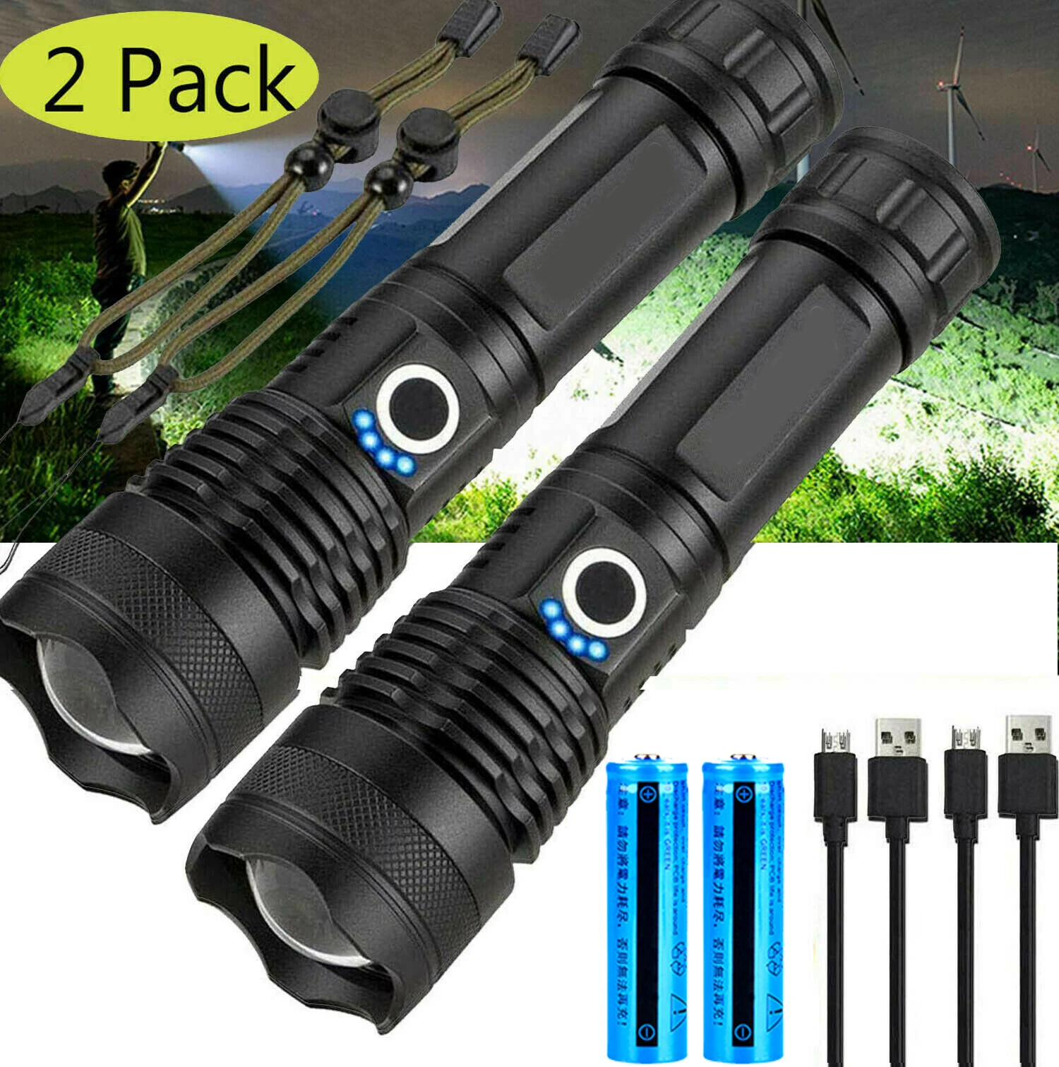 

D2 2Pcs Super Bright 990000LM Powerful Flashlight XHP70 18650 Rechargeable Zoom Torch Camping Fishing Lamp Tactical Flashlights