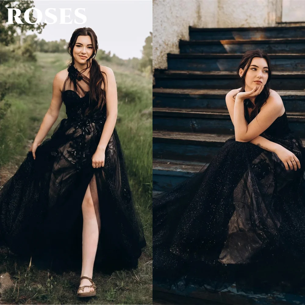 

ROSES Black Mesh Party Dresses One Shoulder Floral Accents Evening Gown with Side Slit and Sparkle Details Prom Dress Customized