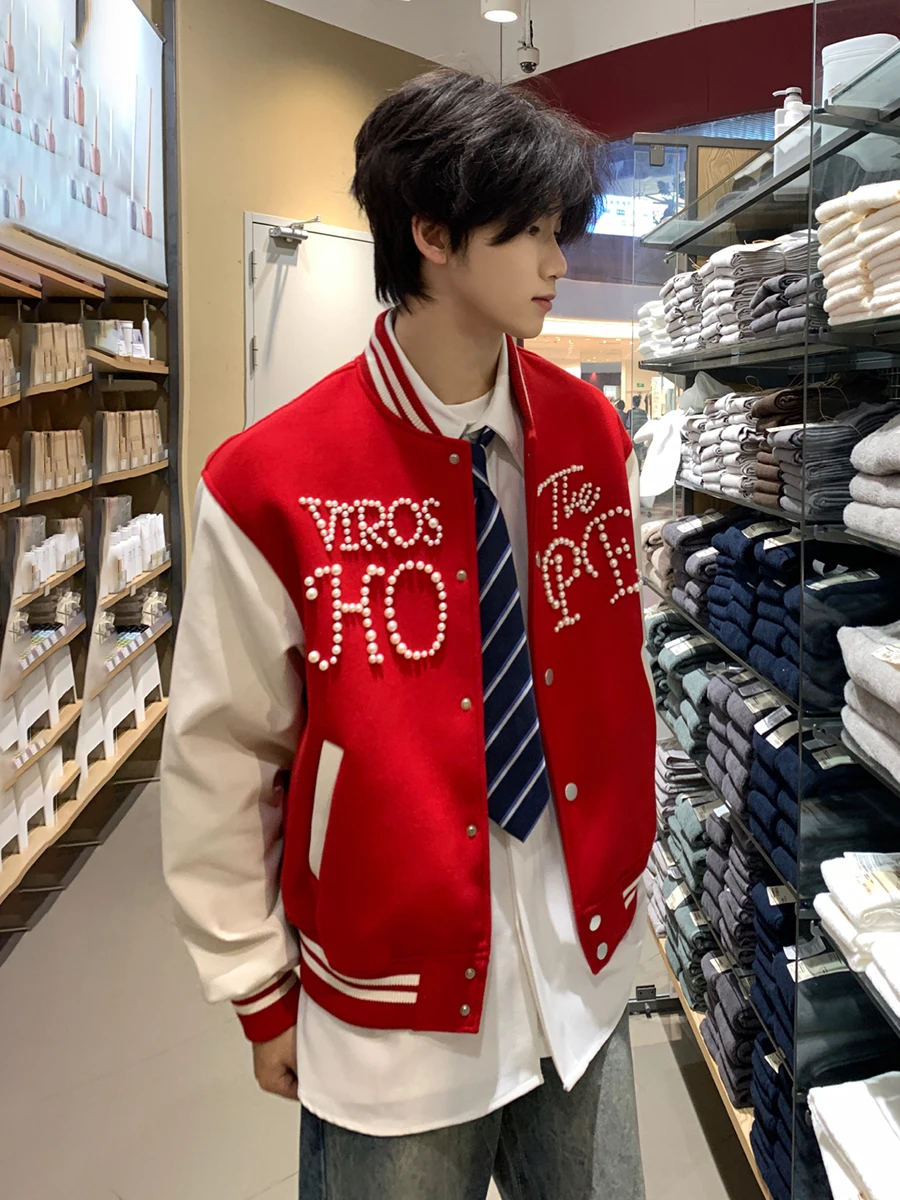 

Красная куртка с вышивкой и пэчворком, приталенная, для пар, весенне-осенняя, молодежная, в бейсбольном стиле, мужская модная верхняя одежда