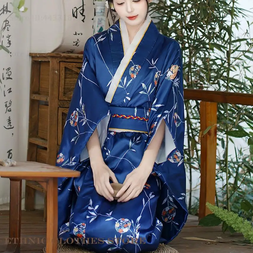 

Traditional Japanese Kimono Gown with Obi Sexy Yukata Haori Print Flower Cardigan Robe Geisha Cosplay Costume Formal Party Dress