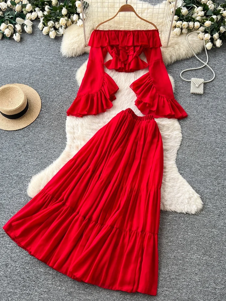 

Elegant Summer Two-Piece Set Women's White Slimming Red One-Shoulder Puffy Sleeve Ruffle Hem Fashionable Vacation Style