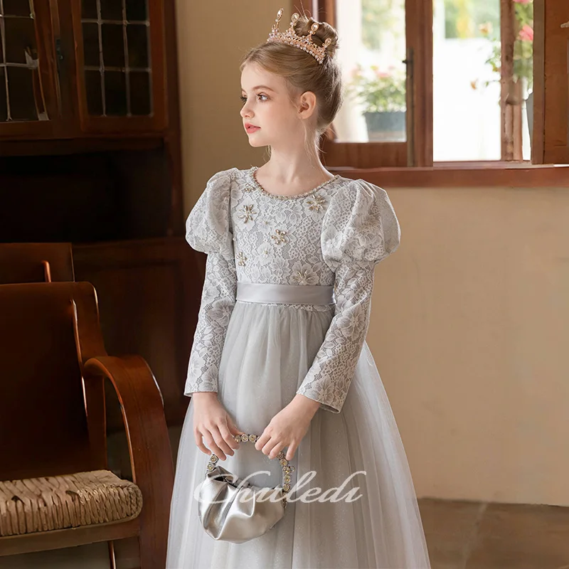 Girl's Dresses Light Gray Round Neck Long Sleeve Flounce Style Girls' Recital Dress Girls elegant dresses Holy communion dress,L