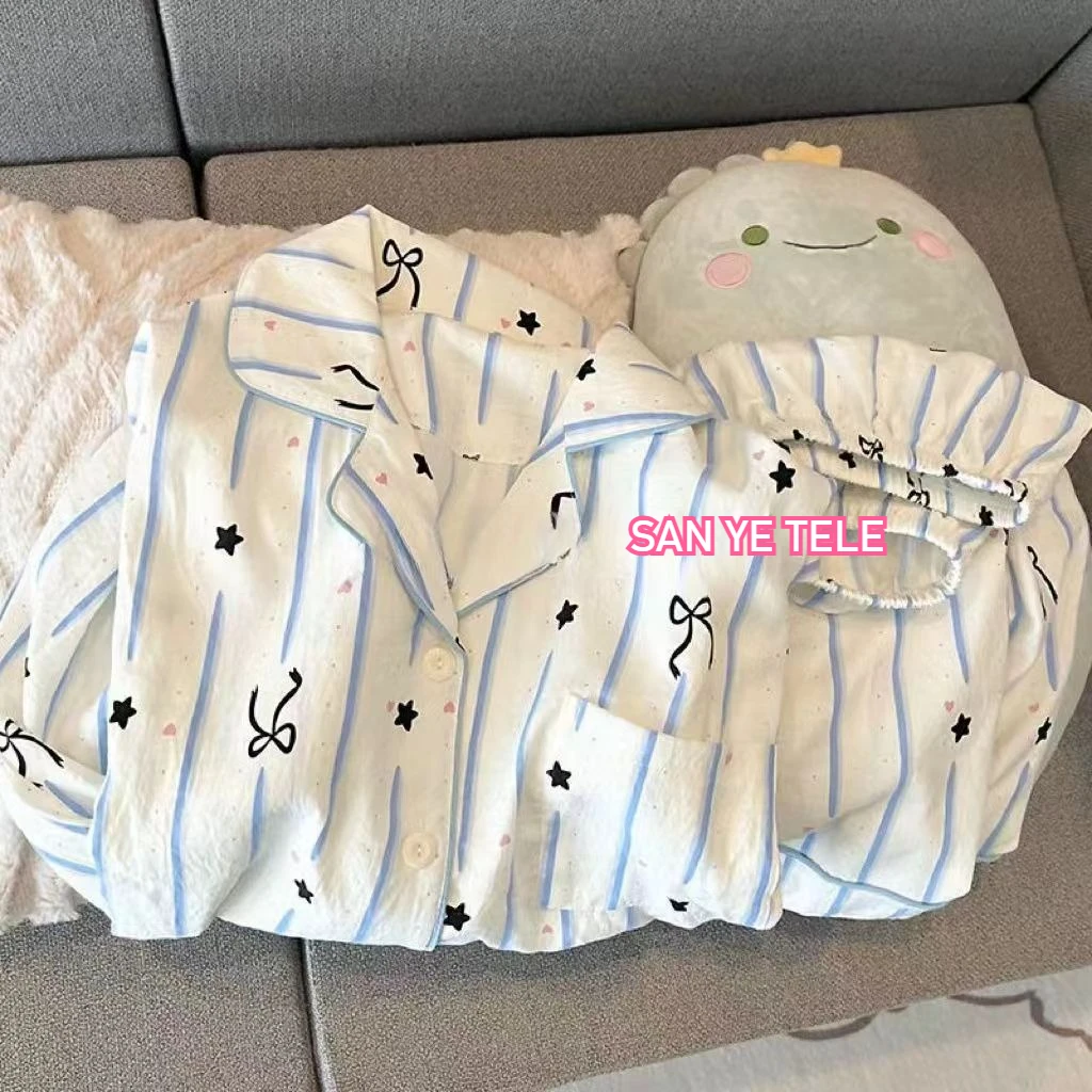 

Cloud Cotton Collared Cardigan Pajama Ins Women Short Sleeved Shorts，Comfortable Breathable Faionable Casual Cartoon Home Wear