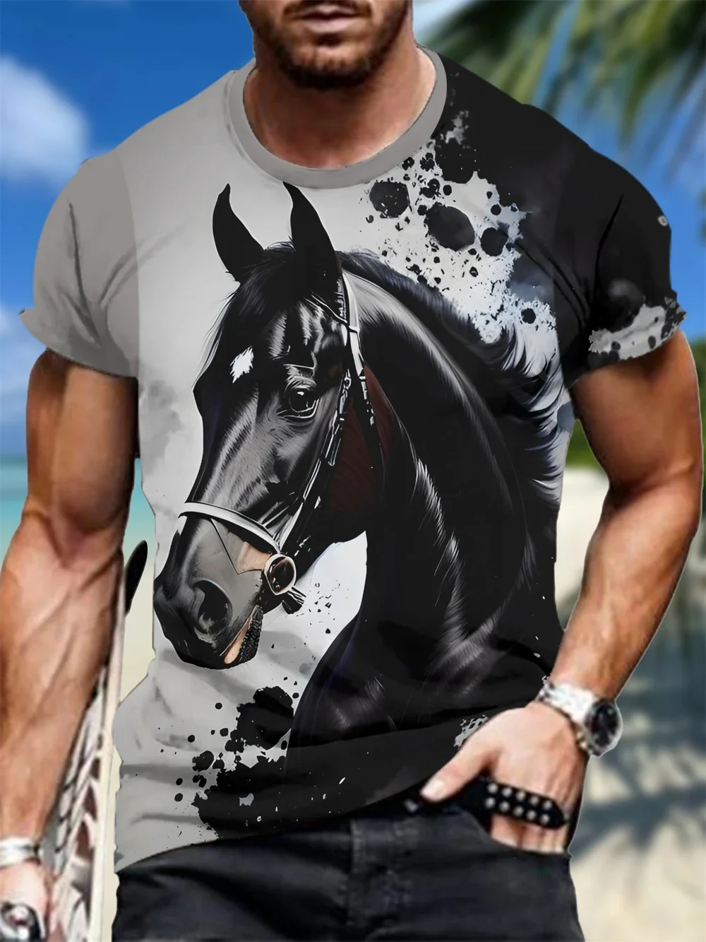 Hot Selling Fashion Majestic Horse 3D Printed Round Neck Street T-shirt Men 3D Matu Men Creative Loose Round Neck Short Sleeve