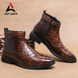 Luxury Chelsea Buckle Leather Men Boots Crocodile Pattern Ankle Boots Men Shoes Solid Boots Men Spring/Autumn Free Shipping