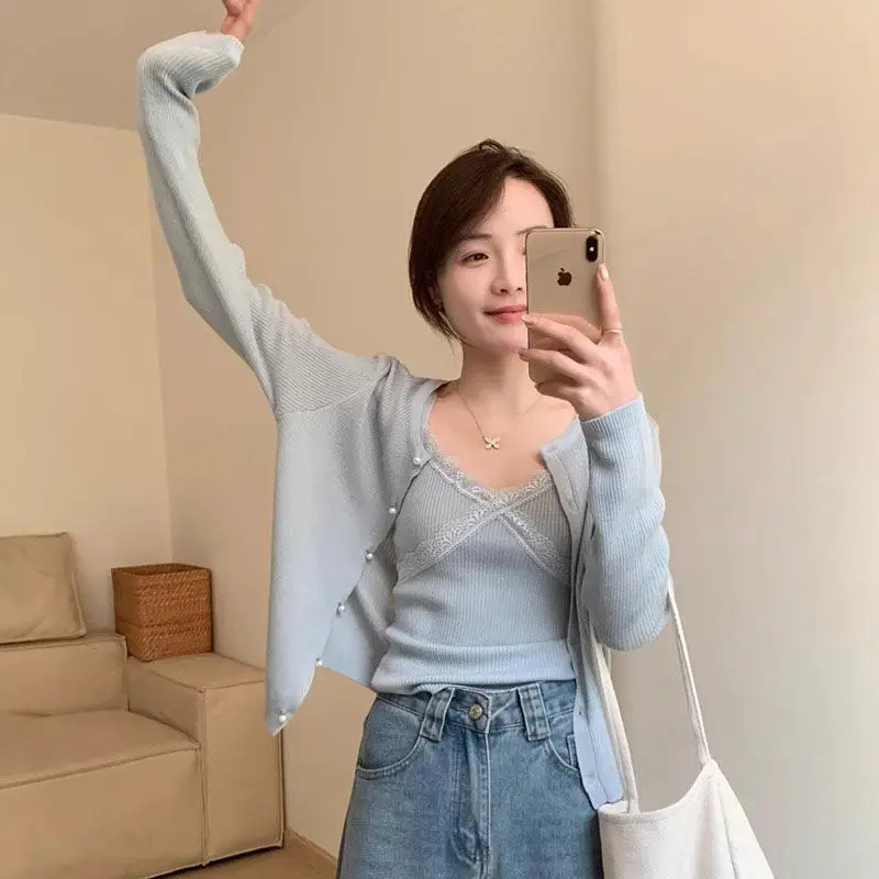 시크한 브이넥 긴 소매 레이스 트림 니트 오픈 가디건 투피스 세트 여성용 캐주얼 봄 가을 순색 상의