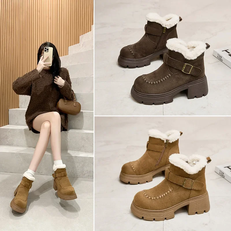 

Women Platform Ankle Boots Suede Flats Fashion Shoes Woman Trend Winter Designer Walking Warm Casual Femme Snow Botas