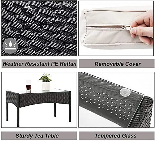 4-Piece Weatherproof PE Rattan Outdoor Furniture Set With Tempered Glass Tea Table For Patio Garden Balcony Pool Area