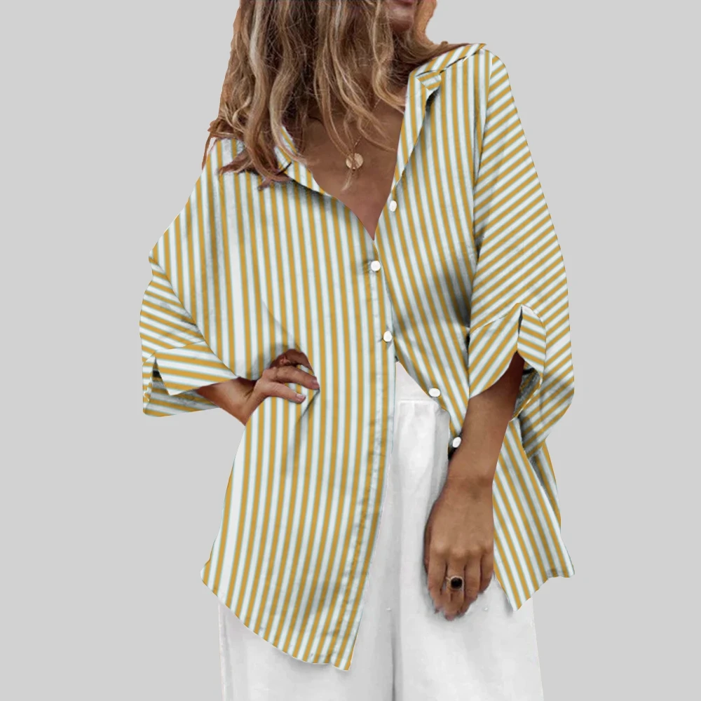 

Women's Casual Yellow Blue Striped Print Clothing Oversized Top Shirt Single Breasted Buckle Shirt Long Sleeves Spring & Summer