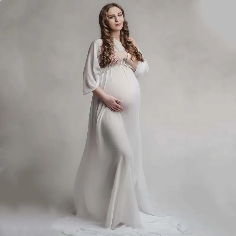 

Boho Chiffon Maternity Photography Props Dress See Through Free Size Adjustable Pregnancy Photo Shoot Bohemian Dress Sides Slit