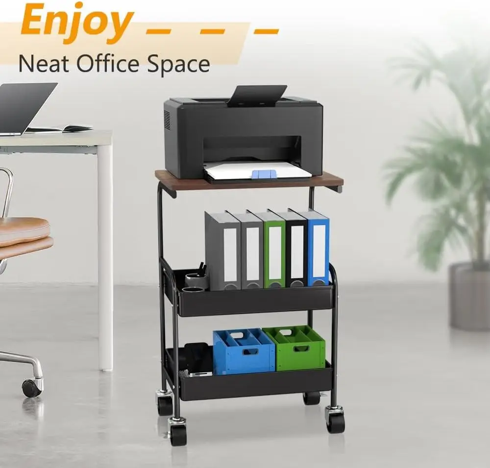 عربة دوارة مع سطح طاولة خشبي، عربة أدوات معدنية من 3 طبقات، عربة تنظيم تخزين دوارة بعجلات قابلة للقفل #2