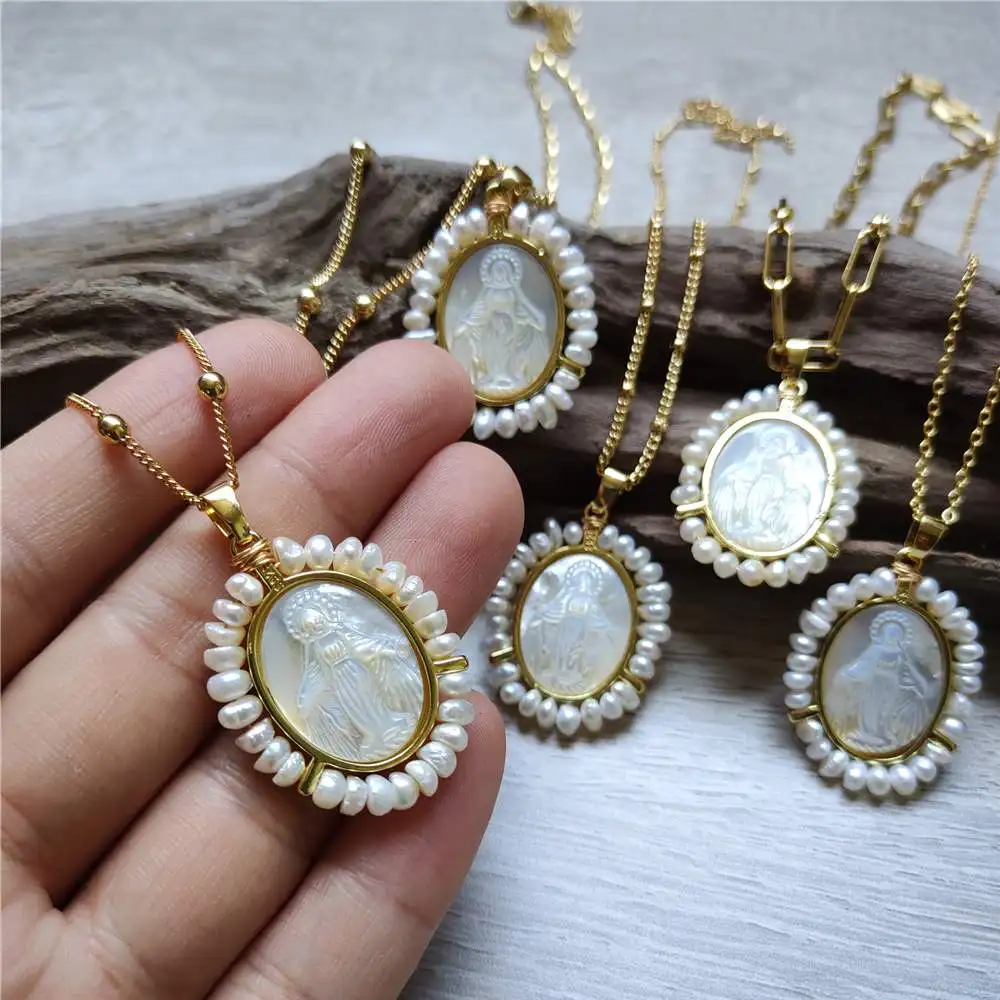 FUWO Wholesale Golden Filled Mother Mary Lady Guadalupe Shell Pearl Oval Bezel Necklace Jewelry For Women NC616 5Pieces/Lot