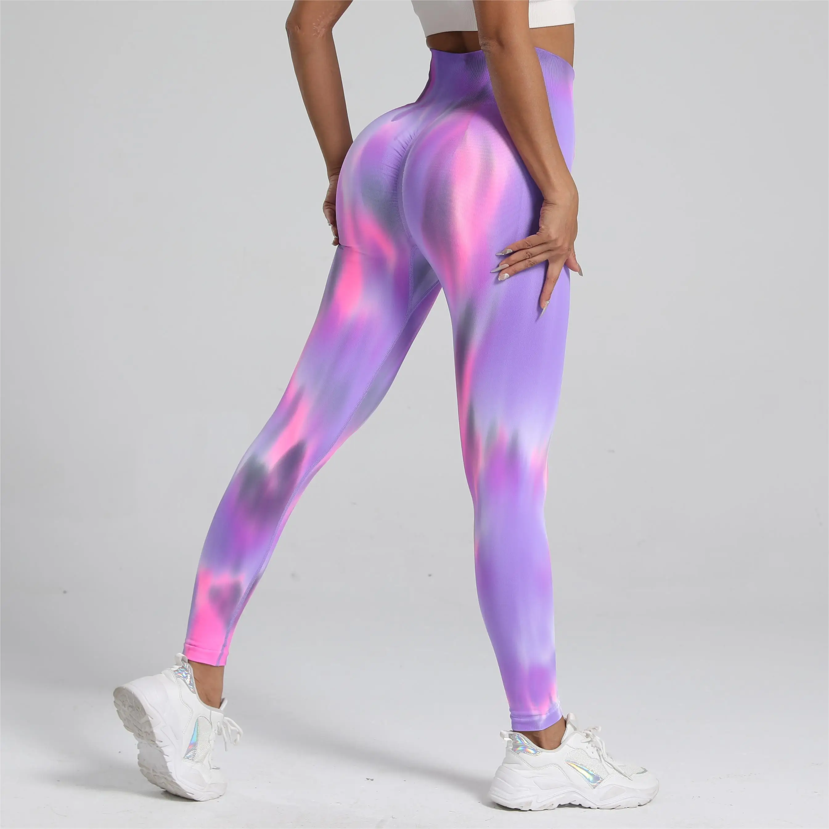 Nowość kobiety Tiedye legginsy gimnastyczne bezszwowe Push Up treningowe spodnie sportowe z wysokim stanem Booty treningowe legginsy do jogi