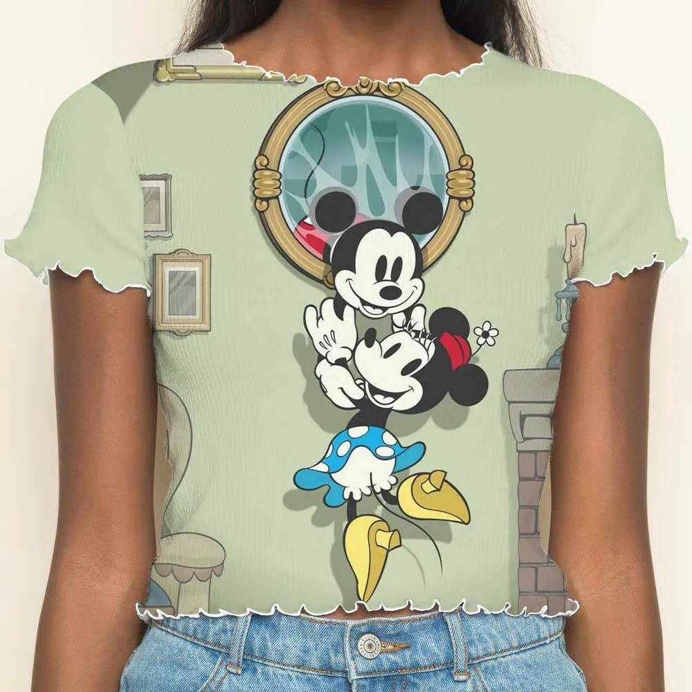 Short Sleeve Disney T-shirt Minnie Mouse T-shirts Crop Tops Sexys Summer Clothes Women 2024 Woman Clothing Lettuce Trim Top Tees