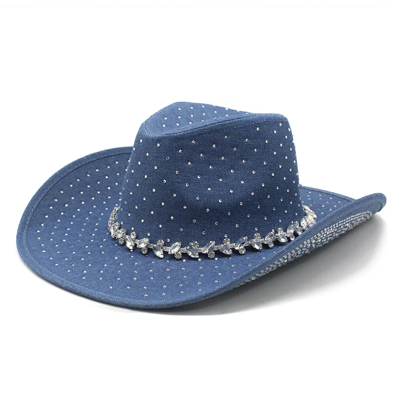 New Cross-border Amazon Hot Selling Point Diamond Denim Men's Top Hat Panama Jazz Hat With Large Brim