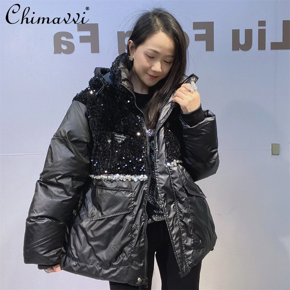 

Новая зимняя модная теплая хлопковая куртка женская спереди и сзади с тяжелыми стразами и блестками в стиле пэчворк свободная утолщенная куртка с капюшоном Топ