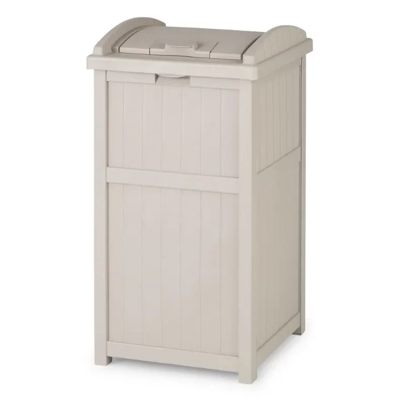 Suncast Outdoor Hideaway Trash Container for Patio Taupe 33 Gallon Rubnish Bin